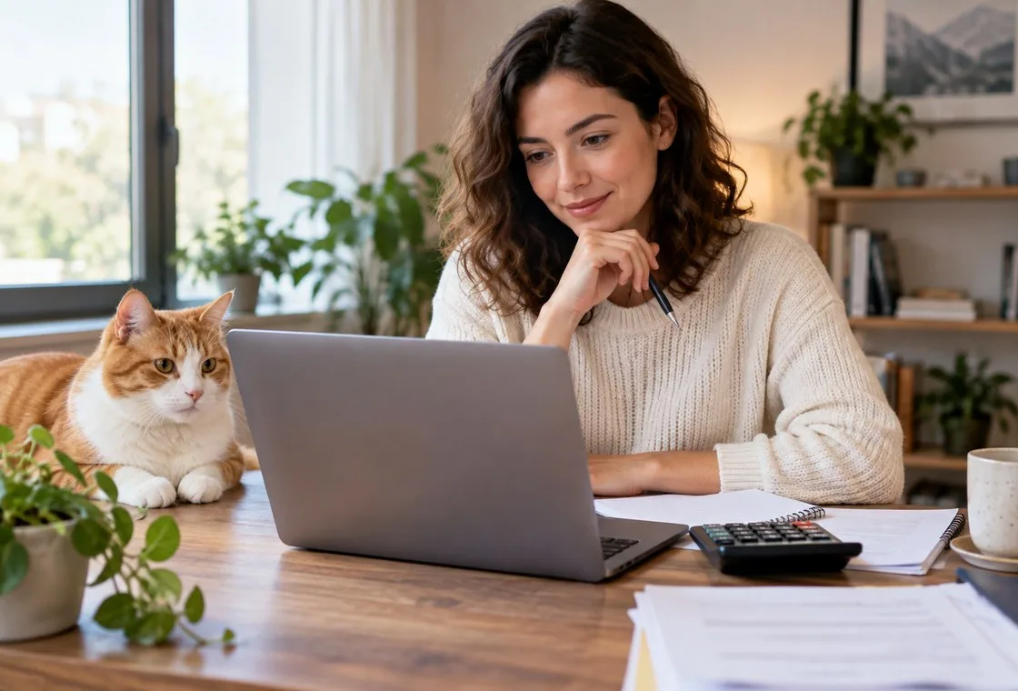 Cat beside an owner working at a laptop at home