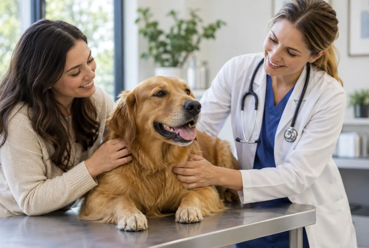 Veterinarian examining a dog with its owner at the clinic